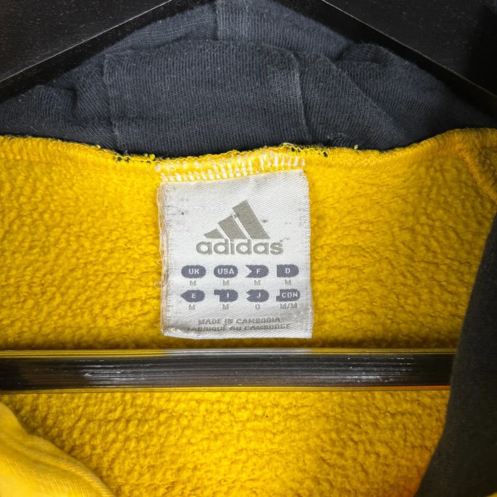 Vintage Adidas Yellow Pullover Hoodie Mens Medium 3 Stripe Hood Sleeve Graphic